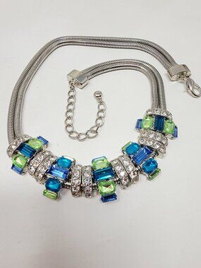 Multi Strand Snake Chain Blue Green Crystal Rhinestone Statement Necklace